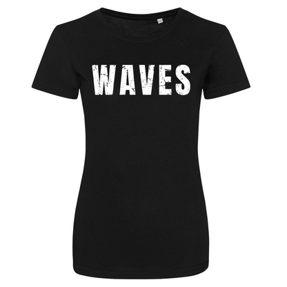 Waves and Wild Water t-shirt Just Waves shown in black. Perfect for wild swimmers, water based sports people, or anyone who loves cool tees!