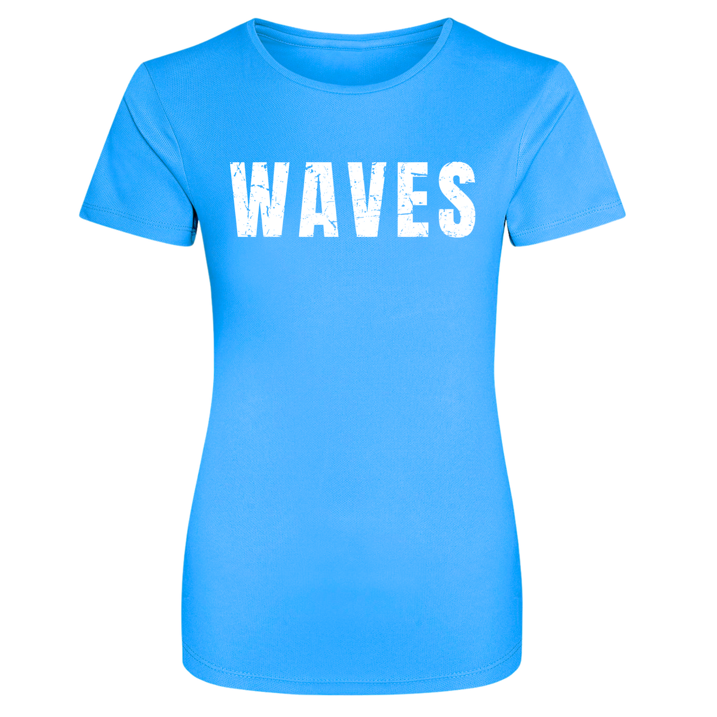 Limited edition Waves and Wild Water sports grade t-shirts. Cut in a femme fit to flatter a ladies shape, these tees are perfect for the beach, gym, track or trails. Shown in a stunning Swimmer blue with white print.