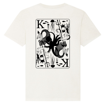 Our exclusive Waves and Wild Water King Of Seas t-shirt is has been designed in a vintage playing card style. The mighty bearded merman king is depicted in all his glory as ruler of the seas. Printed in black vegan ink on recycled cotton tees.