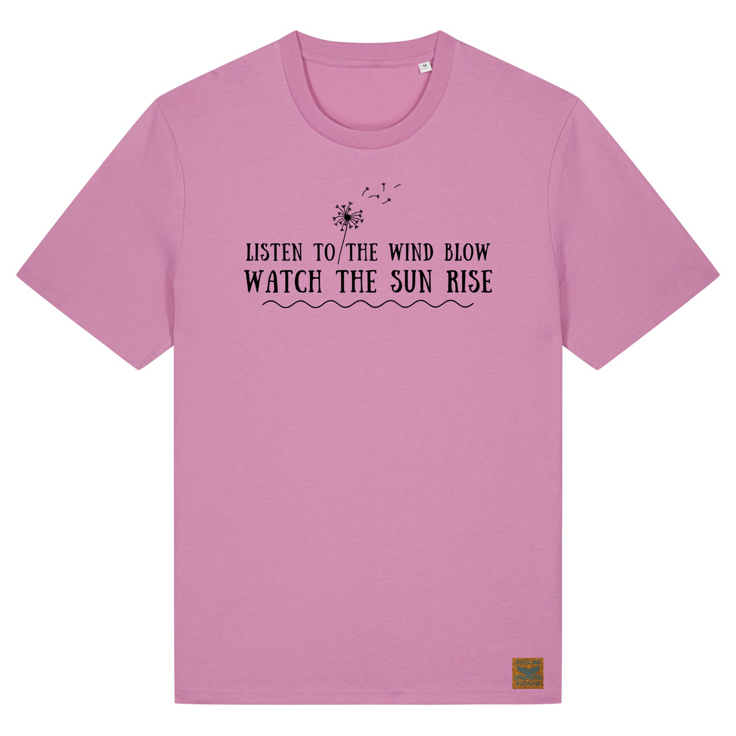 This stunning pink organic cotton t-shirt from Waves and Wild Water has the text Listen To The Wind Blow Watch The Sun Rise hand printed on the front in black chemical free ink. There is also a simple dandelion clock image. The design is a nod to the song The Chain by Fleetwood Mac.