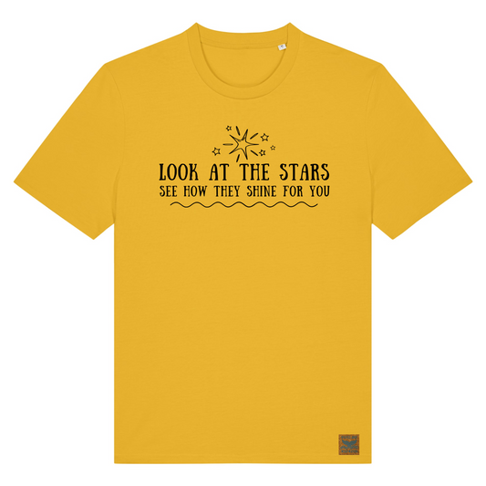 Inspired by the Coldplay song Yellow, our Look At The Stars t-shirt is shown in bright yellow with the text Look At The Stars See How They Shine For You hand printed in black vegan ink. We love the star detail above the text and the wave underneath keeps this standout t-shirt true to the Waves and Wild Water brand.