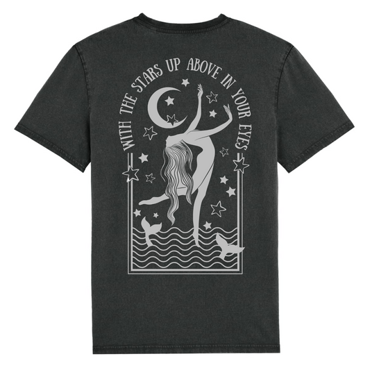 We LOVE this t-shirt! Exclusively designed for Waves and Wild Water by owner Claire, our mystic swimmer is shown floating above the waves in a moon and starlit sky. Printed in silver metallic ink on a vintage black background.