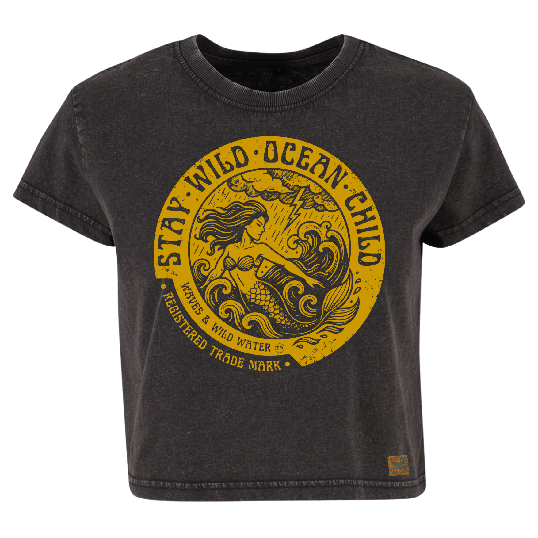 Vintage black cropped sustainable cotton t-shirt with metallic gold ink mermaid and stormy sea design framed by Stay Wild Ocean Child text.
