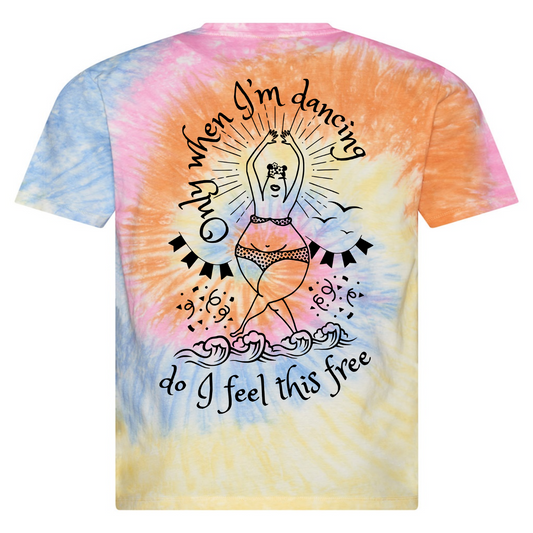 Celebrate seaside groove with this funky tie-dye t-shirt! Featuring our curvy swimmer expressing her joy at being able to dance freely amongst the waves.