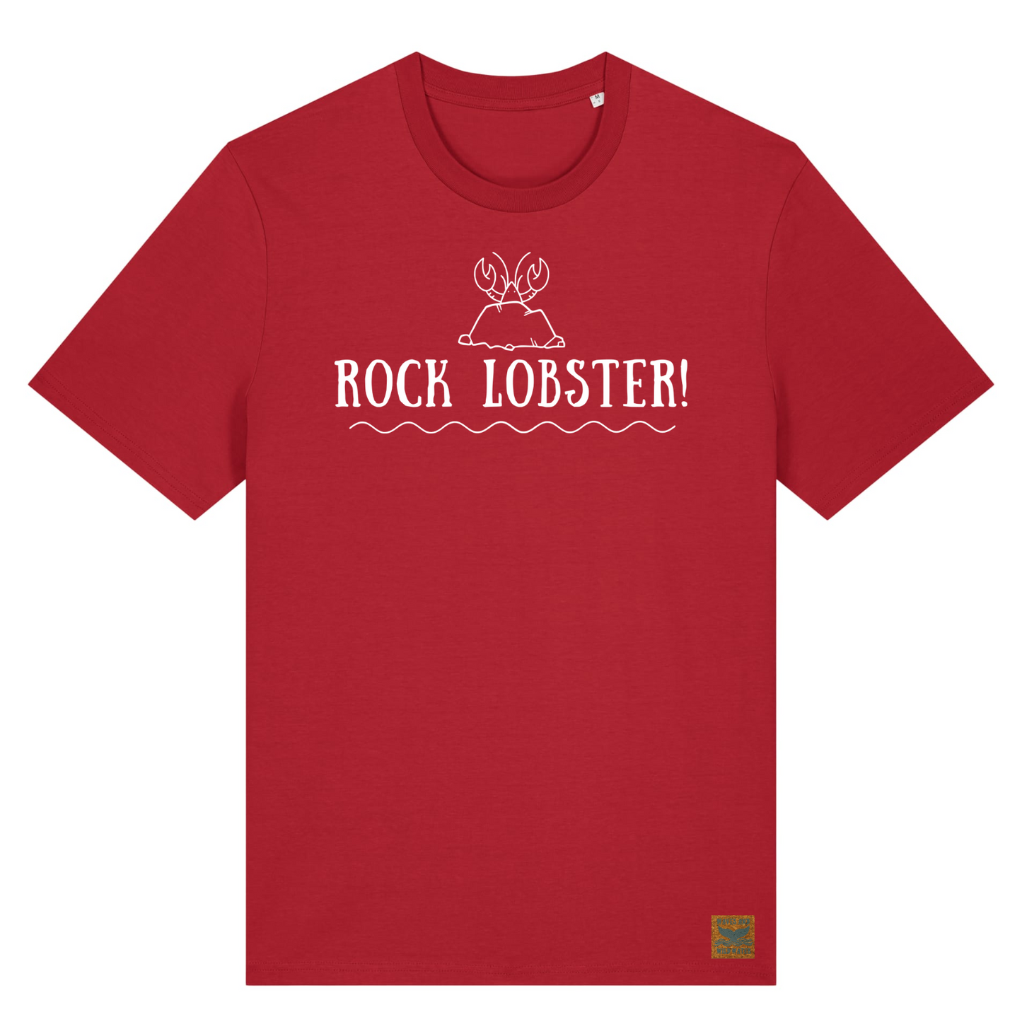 Bright red t-shirt with the image of our cheeky lobster poking out from behind a rock printed on the front in white chemical free ink. The text Rock Lobster is also printed under the image, as a nod to the song by the B52's. This tee is from the Waves and Wild Water Seaside Rock collection and is a great addition to any wild swimmers wardrobe.