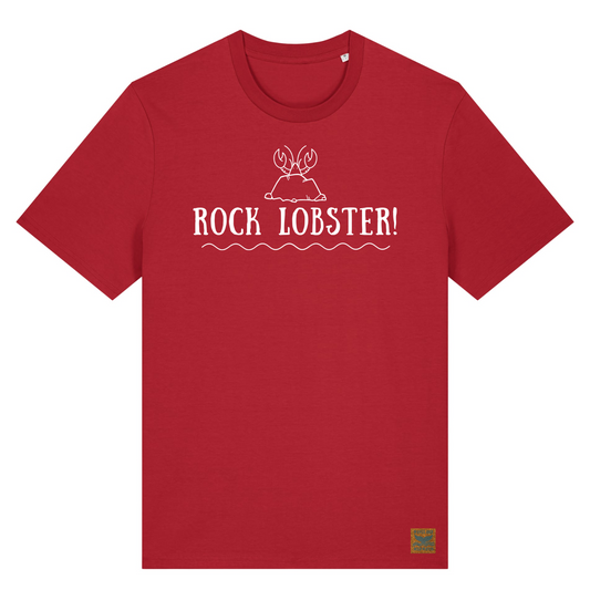 Bright red t-shirt with the image of our cheeky lobster poking out from behind a rock printed on the front in white chemical free ink. The text Rock Lobster is also printed under the image, as a nod to the song by the B52's. This tee is from the Waves and Wild Water Seaside Rock collection and is a great addition to any wild swimmers wardrobe.