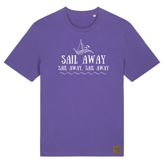 This beautiful purple organic cotton t-shirt from Waves and Wild Water has the lyrics from the song Orinoco Flow by Enya hand screen printed on the front in white vegan ink. The text reads Sail Away, Sail Away, Sail Away and there is also an image of a sailing boat amongst the waves, making this a great tee for lovers of sea adventures.