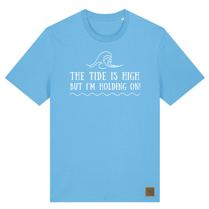 Vibrant blue organic cotton t-shirt from Waves and Wild Water with the lyrics from the song The Tide Is High by Blondie hand screen printed on the front in white chemical free ink. The text reads The Tide Is High But I'm Holding On and there is also an image of waves. We love this tee because of what is printed on the front is exactly what we do when we go high tide sea swimming amongst the waves.