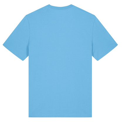 The back of the blue organic cotton The Tide Is High t-shirt from the Waves and Wild Water Seaside Rock collection of music inspired sea adventure tees.