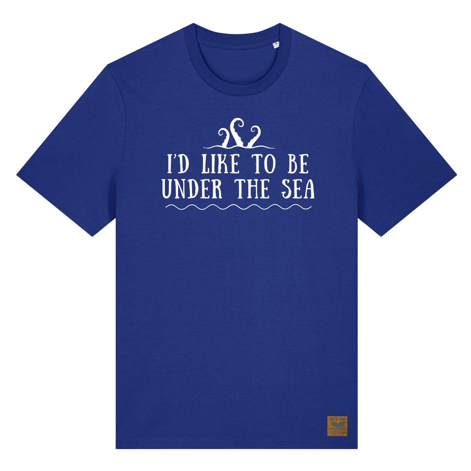 Deep blue t-shirt with white print showing octopus tentacles and the text I'd Like To Be Under The Sea from the Beatles' iconic song Octopus's Garden. We love to wear this tee after having sea swimming adventures at our home on the coast.
