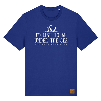Deep blue t-shirt with white print showing octopus tentacles and the text I'd Like To Be Under The Sea from the Beatles' iconic song Octopus's Garden. We love to wear this tee after having sea swimming adventures at our home on the coast.