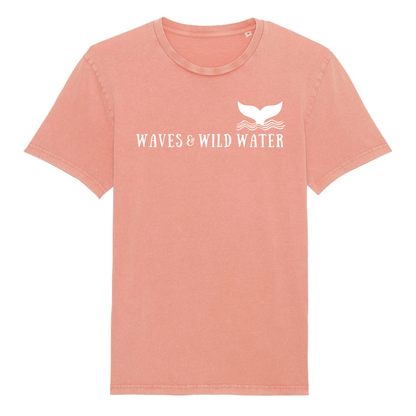 Introducing our stunning coral pink t-shirt, crafted from 100% organic cotton and hand-dyed for that unique vintage charm. Our Waves and Wild Water whale tail logo hand screen printed in white vegan ink across the chest.