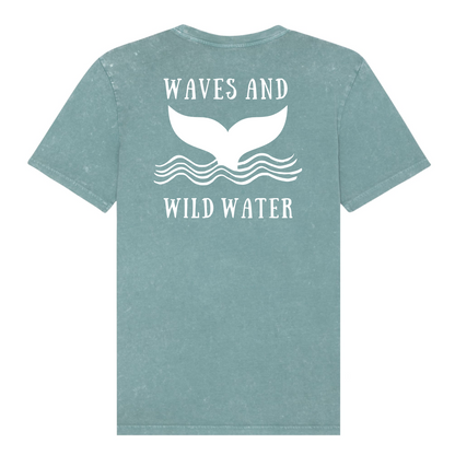 Our exclusive Waves and Wild Water logo is shown in all its splendour in white water based print, against a green t-shirt background. The magnificent whale tail popping out of the waves makes this tee a popular choice throughout the wild swimming and cold water community.