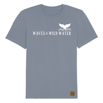 Our best selling organic cotton t-shirt in Frosty Morning grey. The grey background with popping white printed logo, makes this tee a best seller with wild swimmers, sea dippers, and open water adventurers.