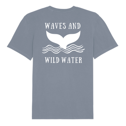 Our exclusive Waves and Wild Water logo is shown in all its splendour in white water based print, against a grey t-shirt background. The magnificent whale tail popping out of the waves makes this tee a popular choice throughout the wild swimming and cold water community.