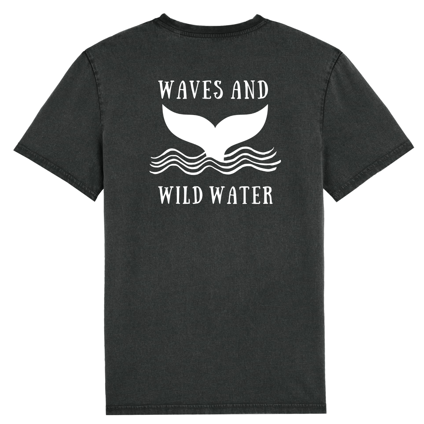 Constructed from luxurious black organic cotton and individually hand-dyed to create a unique vintage charm in every piece, this tee celebrates the magic of the night with our Waves and Wild Water whale tail logo, hand screen printed in pristine white vegan ink across the back.