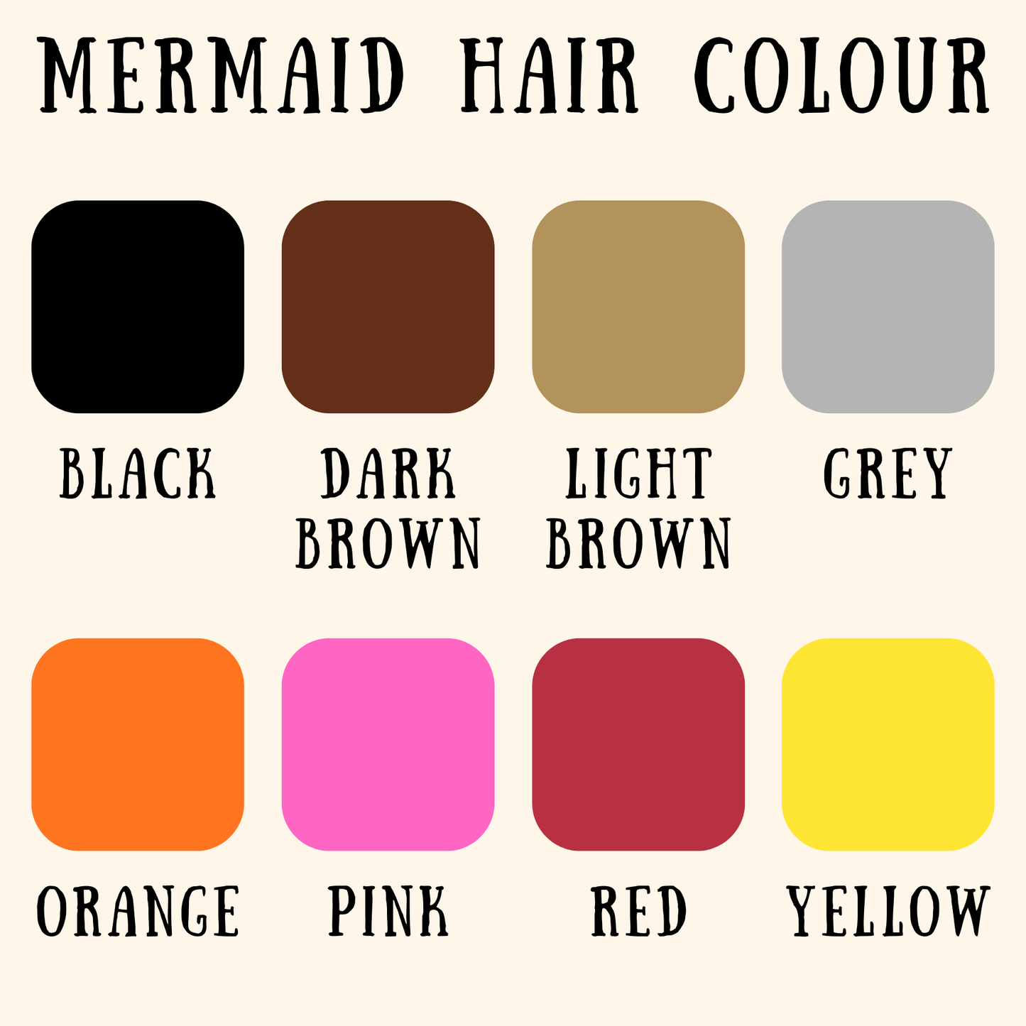 Colour chart showing the different hair colours for Waves & Wild Water hanging mermaids - perfect gifts for any occasion.