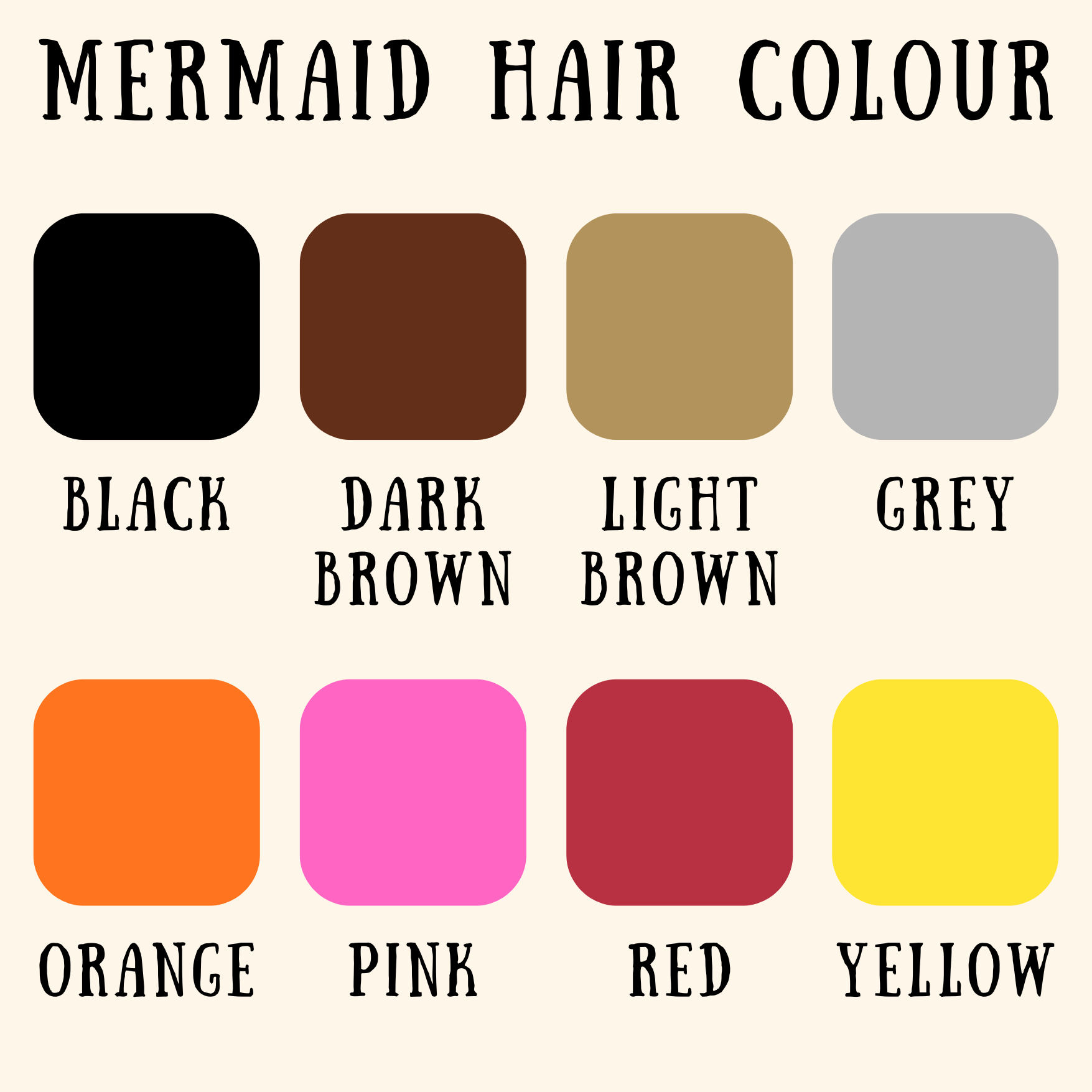 Colour chart showing the different hair colours for Waves & Wild Water hanging mermaids - perfect gifts for any occasion.