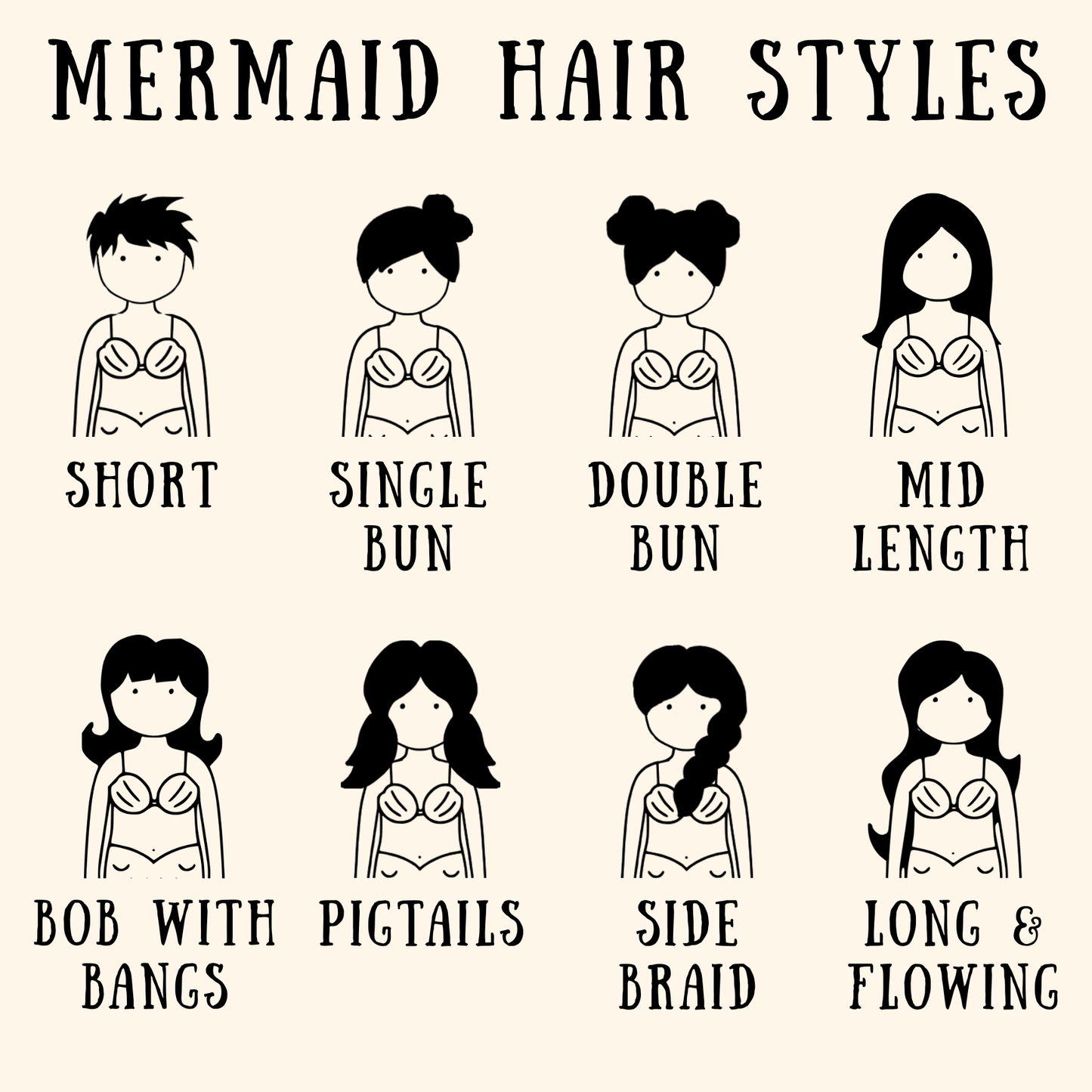 Style chart showing the different hair styles for Waves & Wild Water hanging mermaids - perfect gifts for wild swimmers and open water adventurers.