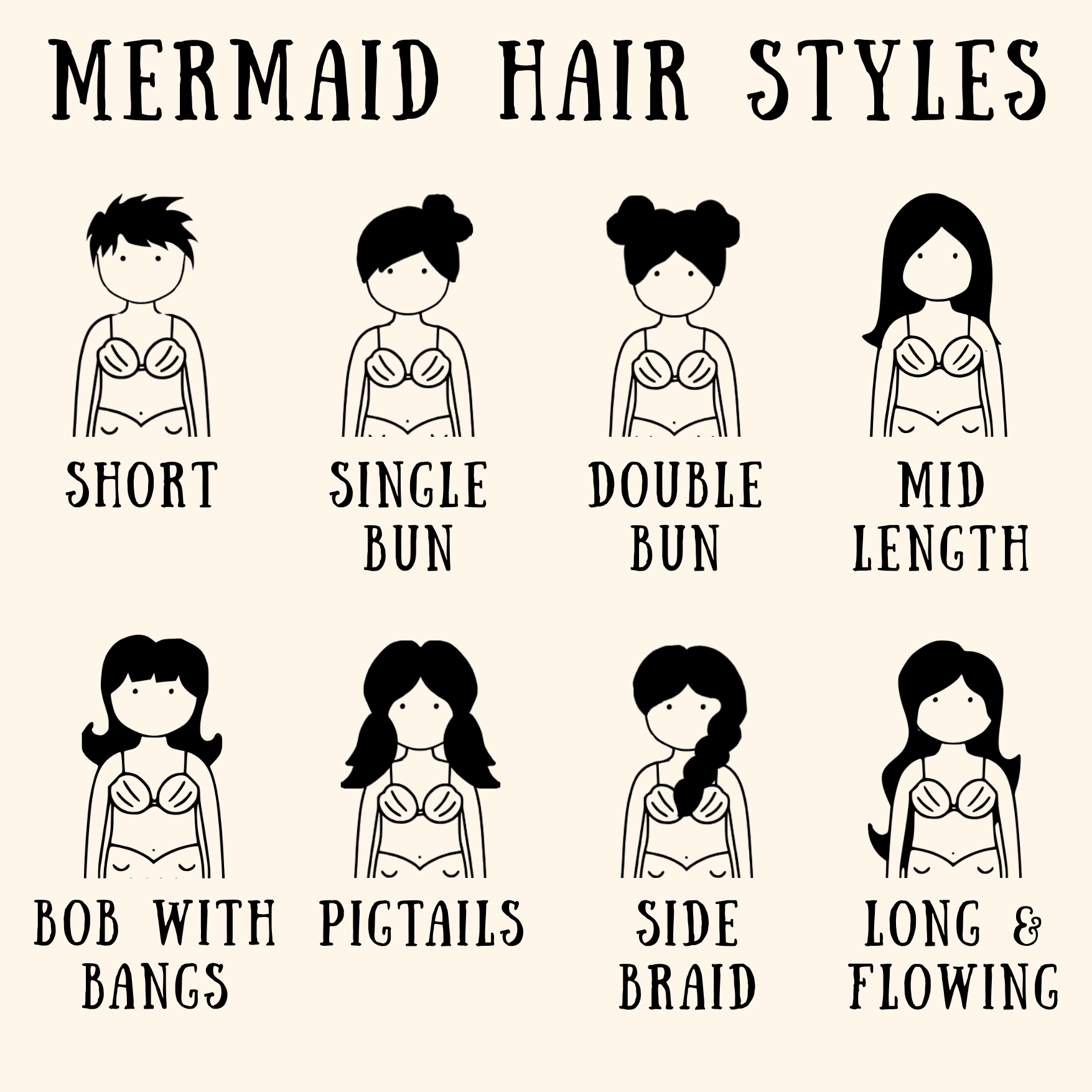Style chart showing the different hair styles for Waves & Wild Water hanging mermaids - perfect gifts for wild swimmers and open water adventurers.
