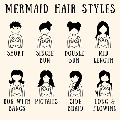 Style chart showing the different hair styles for Waves & Wild Water hanging mermaids - perfect gifts for wild swimmers and open water adventurers.