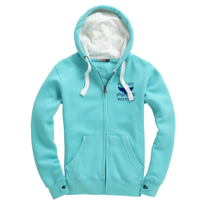 Lagoon blue zip-up hoodie with small Waves & Wild Water whale tail chest print in deep blue ink. Not just perfect for wild swimmers and sea dippers, but loved by sofa surfers too!