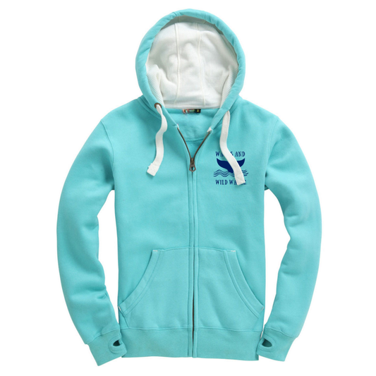 Lagoon blue zip-up hoodie with small Waves & Wild Water whale tail chest print in deep blue ink. Not just perfect for wild swimmers and sea dippers, but loved by sofa surfers too!