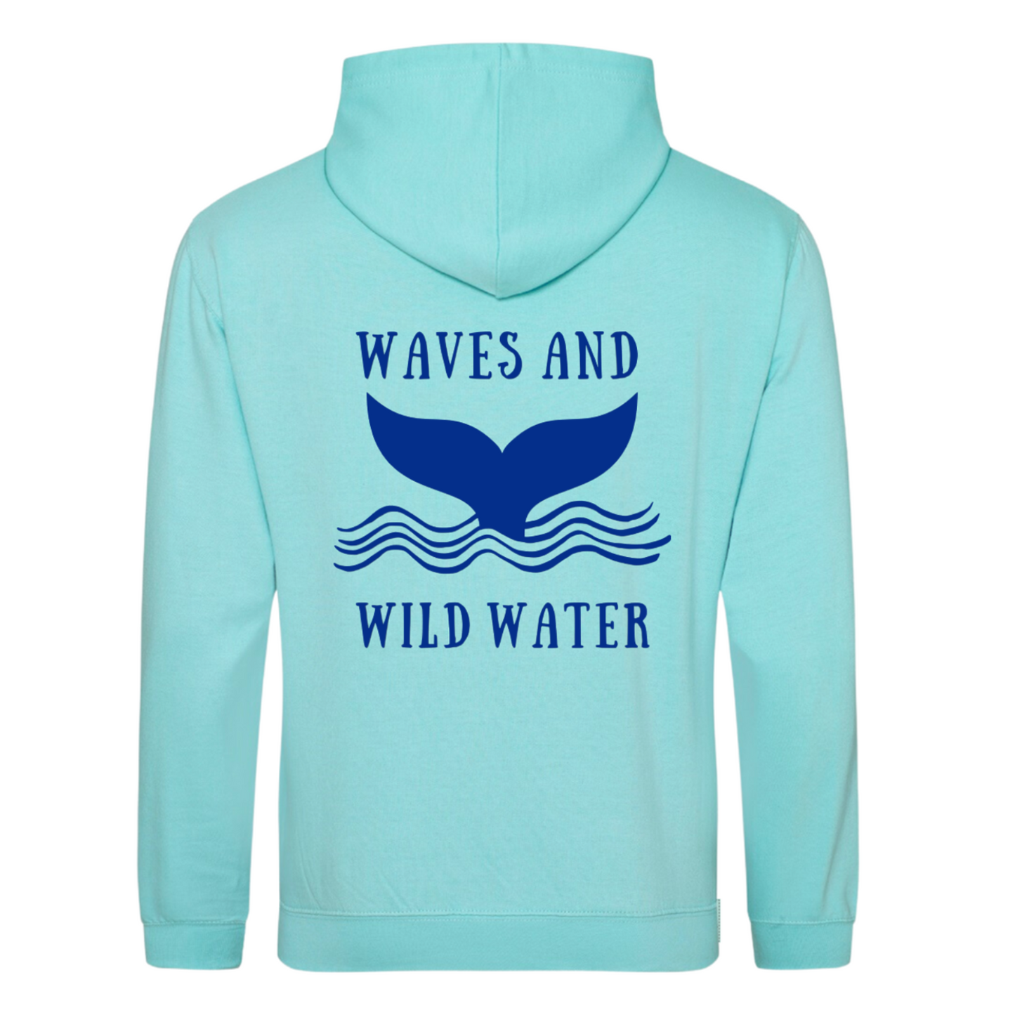Lagoon blue hoodie featuring large Waves & Wild Water whale tail and wave design in deep blue ink. Loved by wild swimmers and sea dippers!