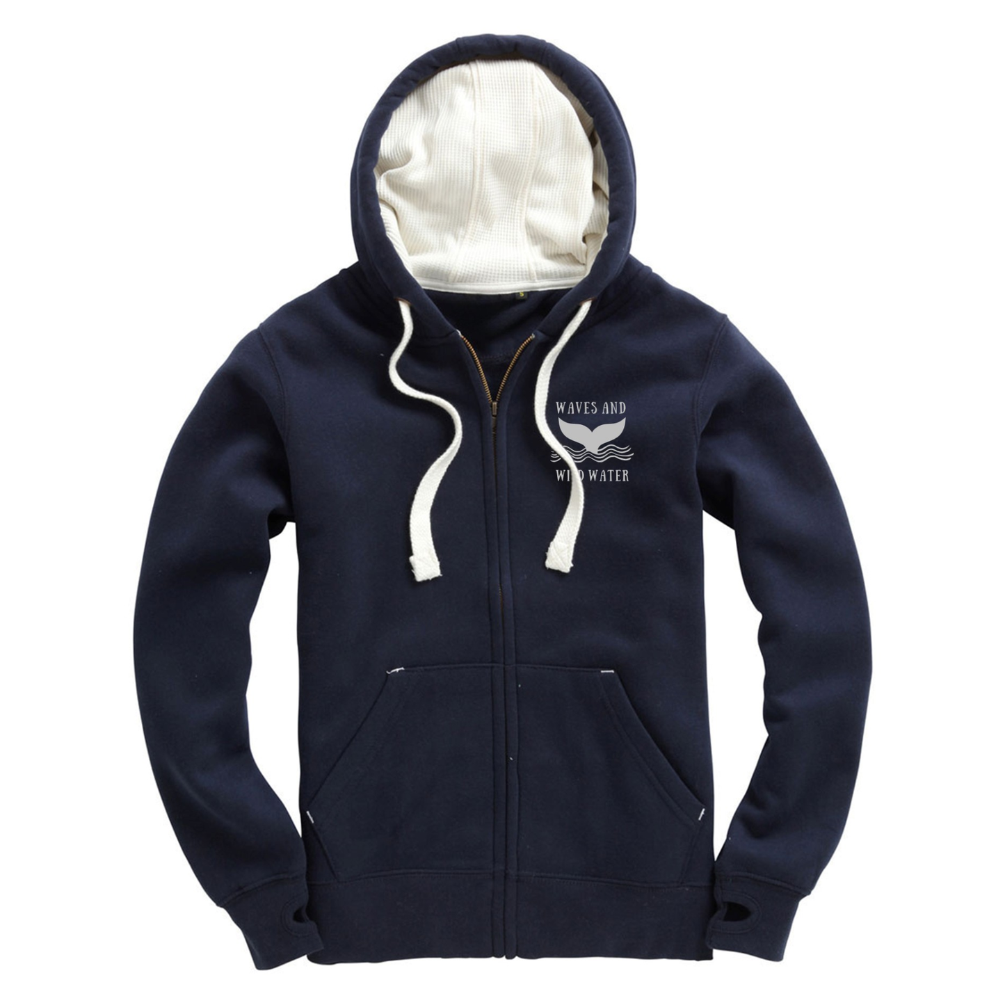 Navy zip-up hoodie with small Waves & Wild Water whale tail chest print in metallic silver ink. Hand-printed in South Wales for wild swimmers, sea dippers and water lovers.