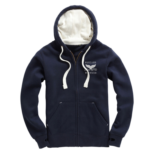 Navy zip-up hoodie with small Waves & Wild Water whale tail chest print in metallic silver ink. Hand-printed in South Wales for wild swimmers, sea dippers and water lovers.