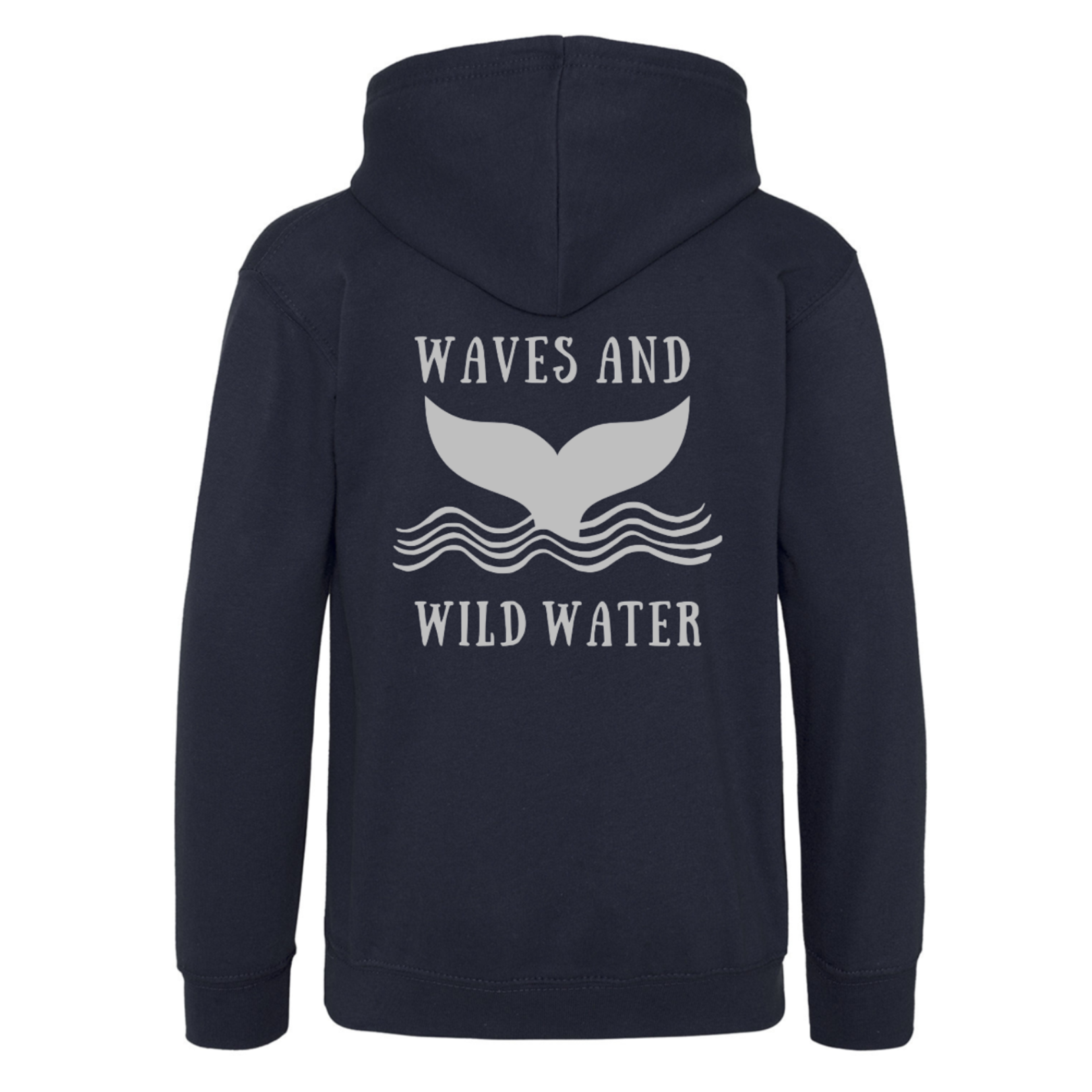 Midnight Waves navy hoodie featuring large metallic silver whale tail and wave design by Waves & Wild Water. For anyone who loves wild swimming and sea dipping adventures.