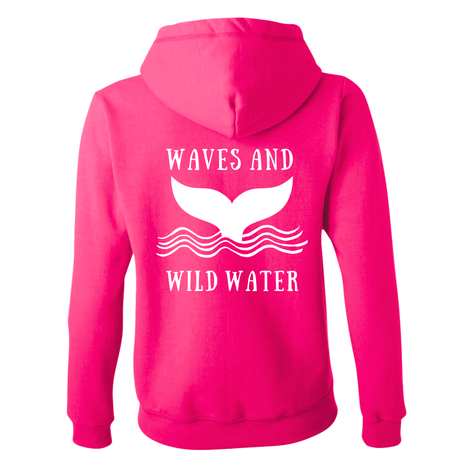 Water Lily pink hoodie featuring large white Waves & Wild Water whale tail and wave design - for anyone who loves being in, on, or near the water.
