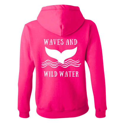 Water Lily pink hoodie featuring large white Waves & Wild Water whale tail and wave design - for anyone who loves being in, on, or near the water.