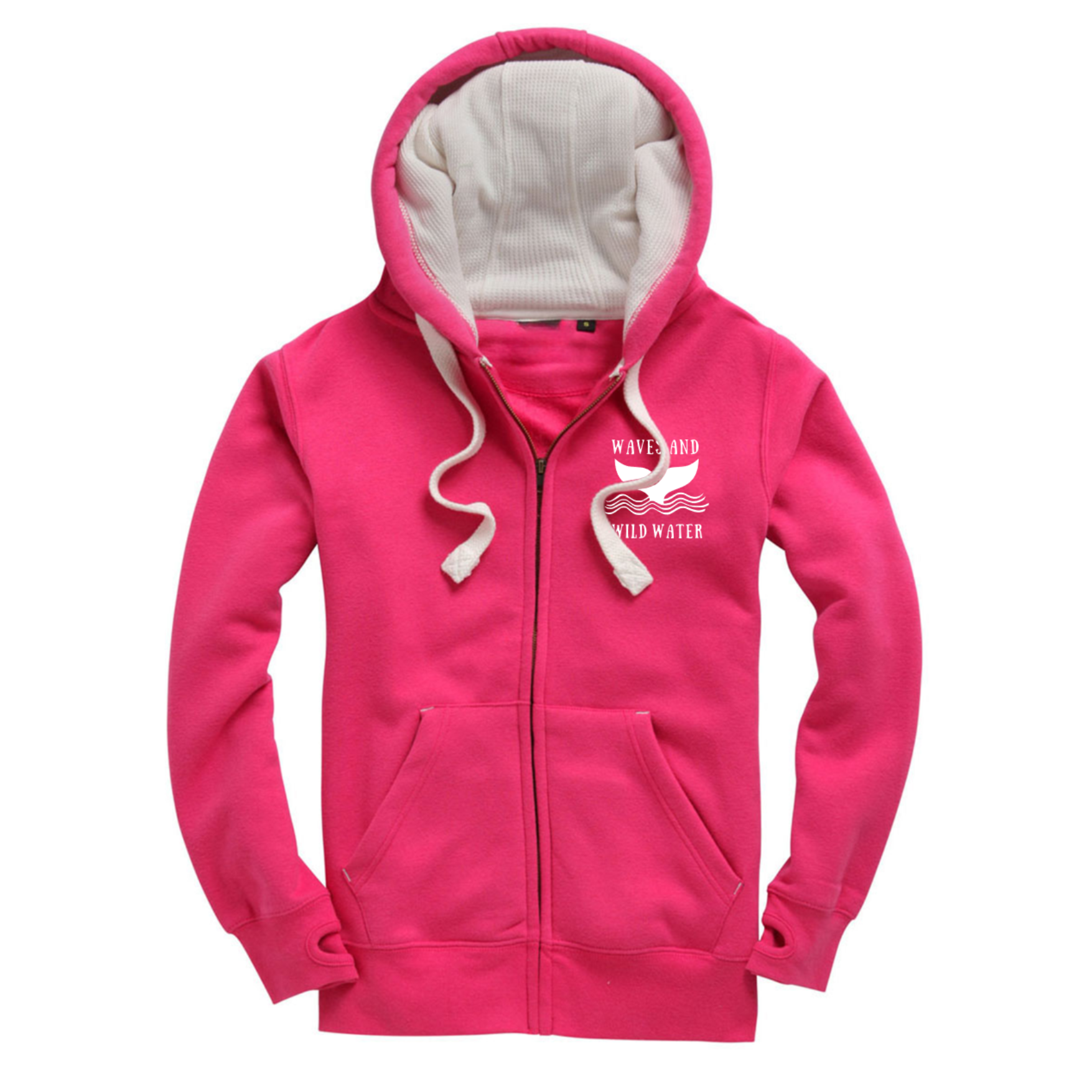 Bright pink zip-up hoodie with small Waves & Wild Water whale tail chest print in white ink. hand-printed in South Wales for wild swimmers, sea dippers and water lovers!