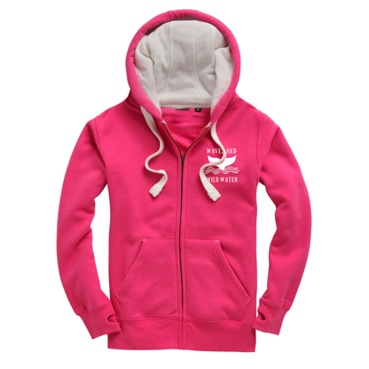 Bright pink zip-up hoodie with small Waves & Wild Water whale tail chest print in white ink. hand-printed in South Wales for wild swimmers, sea dippers and water lovers!