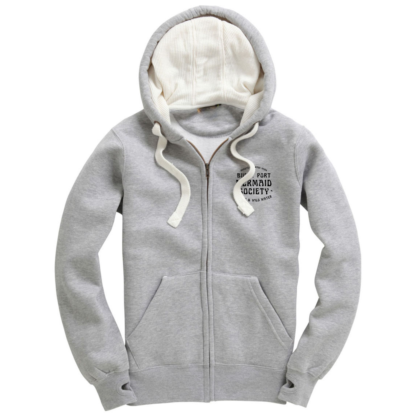 Grey zip-up hoodie with small Burry Port Mermaid Society chest print by Waves & Wild Water.