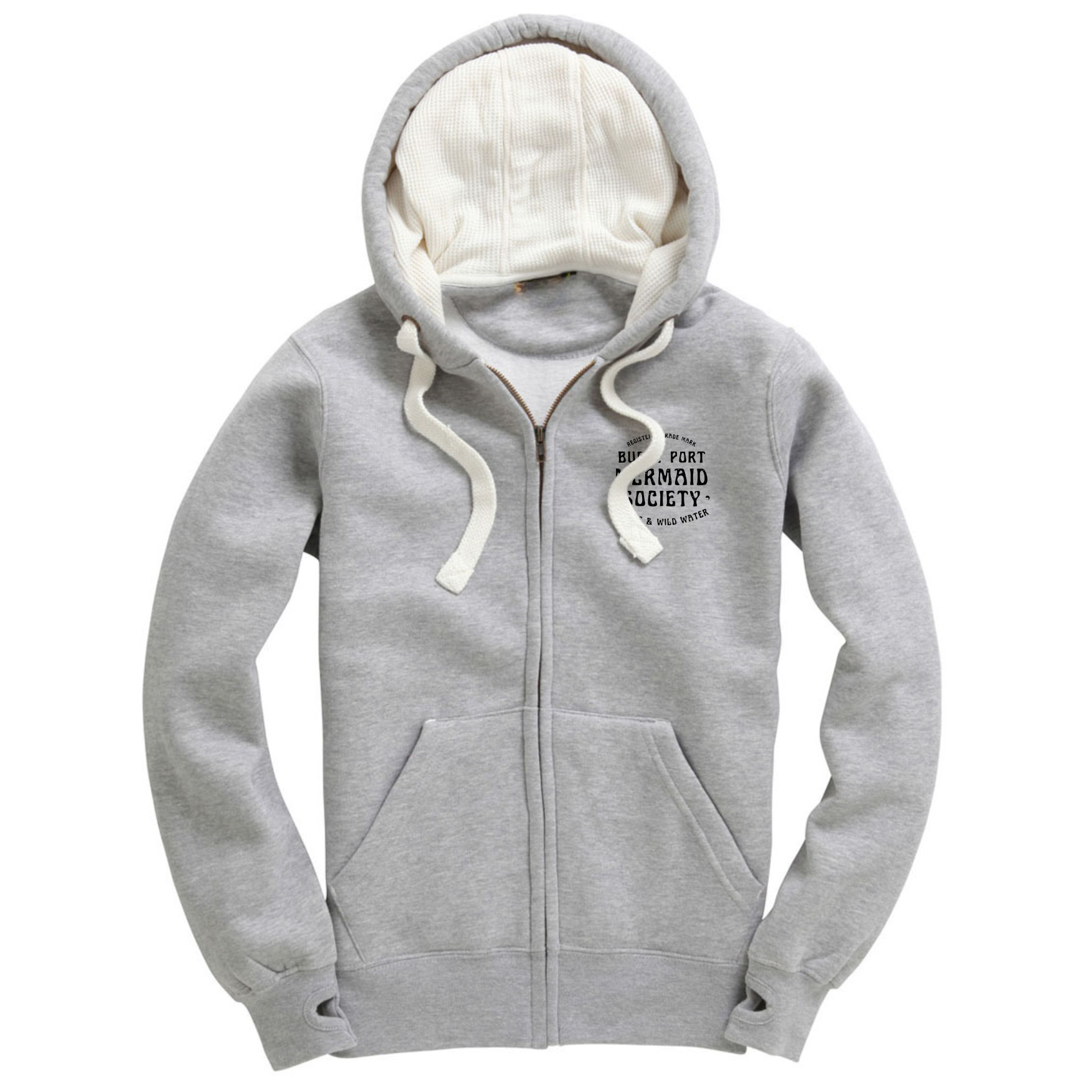 Grey zip-up hoodie with small Burry Port Mermaid Society chest print by Waves & Wild Water.