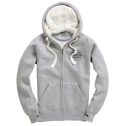 Grey zip-up hoodie with small Burry Port Mermaid Society chest print by Waves & Wild Water.
