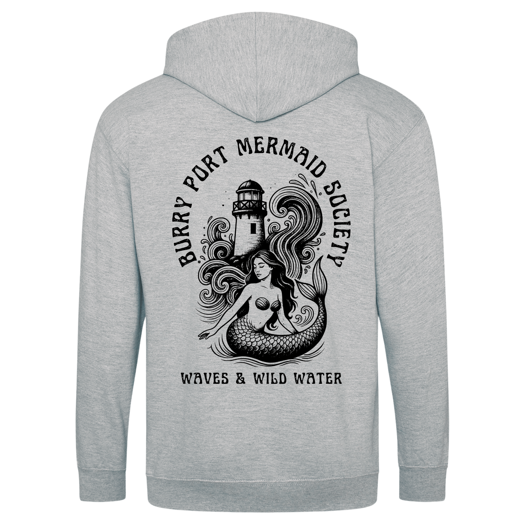 Frosty Morning grey hoodie featuring large Burry Port Mermaid Society mermaid and lighthouse design by Waves & Wild Water.