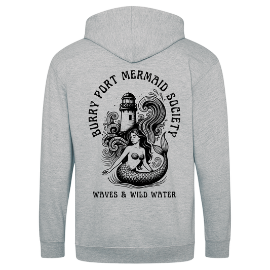 Frosty Morning grey hoodie featuring large Burry Port Mermaid Society mermaid and lighthouse design by Waves & Wild Water.