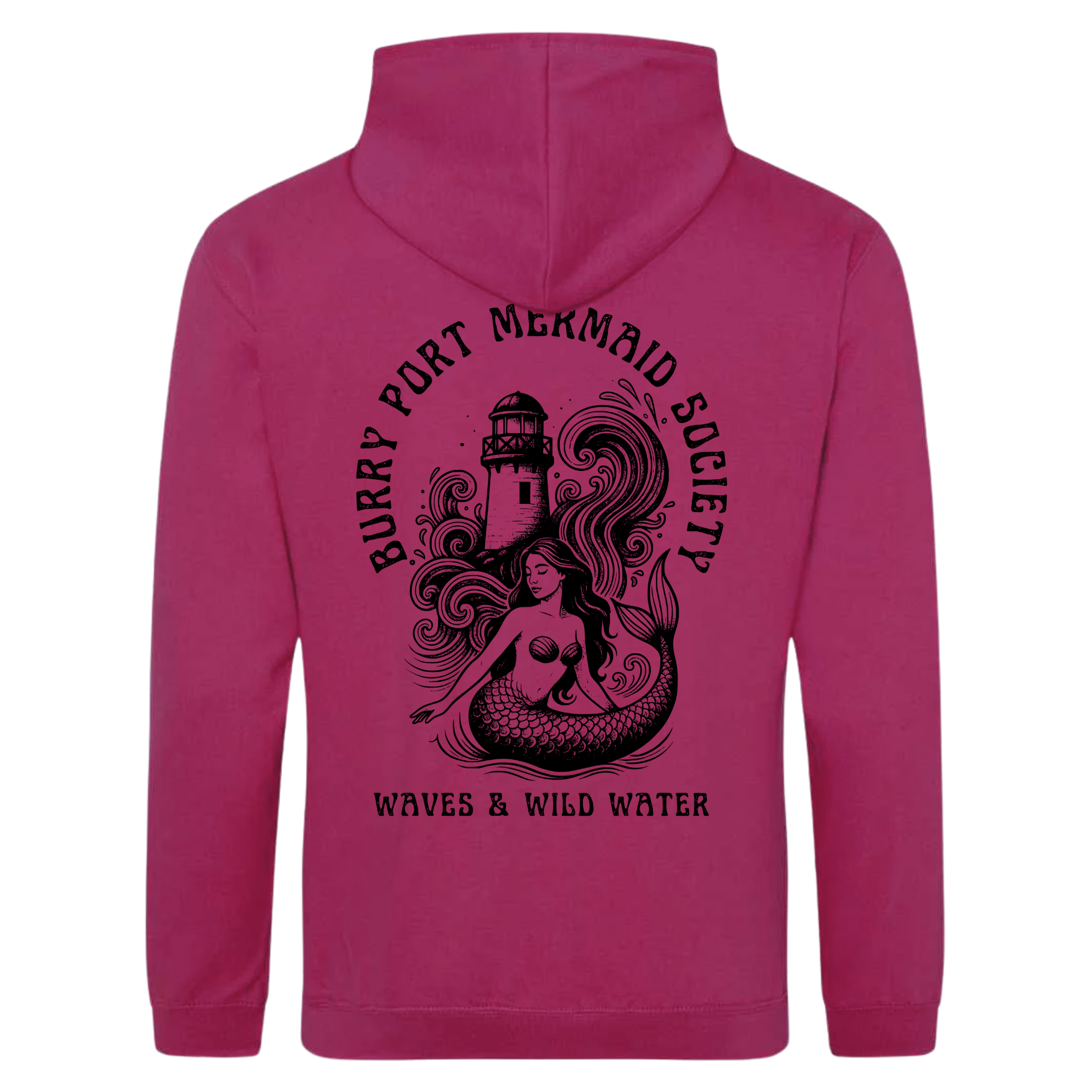 Sunset Serenade pink hoodie featuring large Burry Port Mermaid Society mermaid and lighthouse design by Waves & Wild Water.