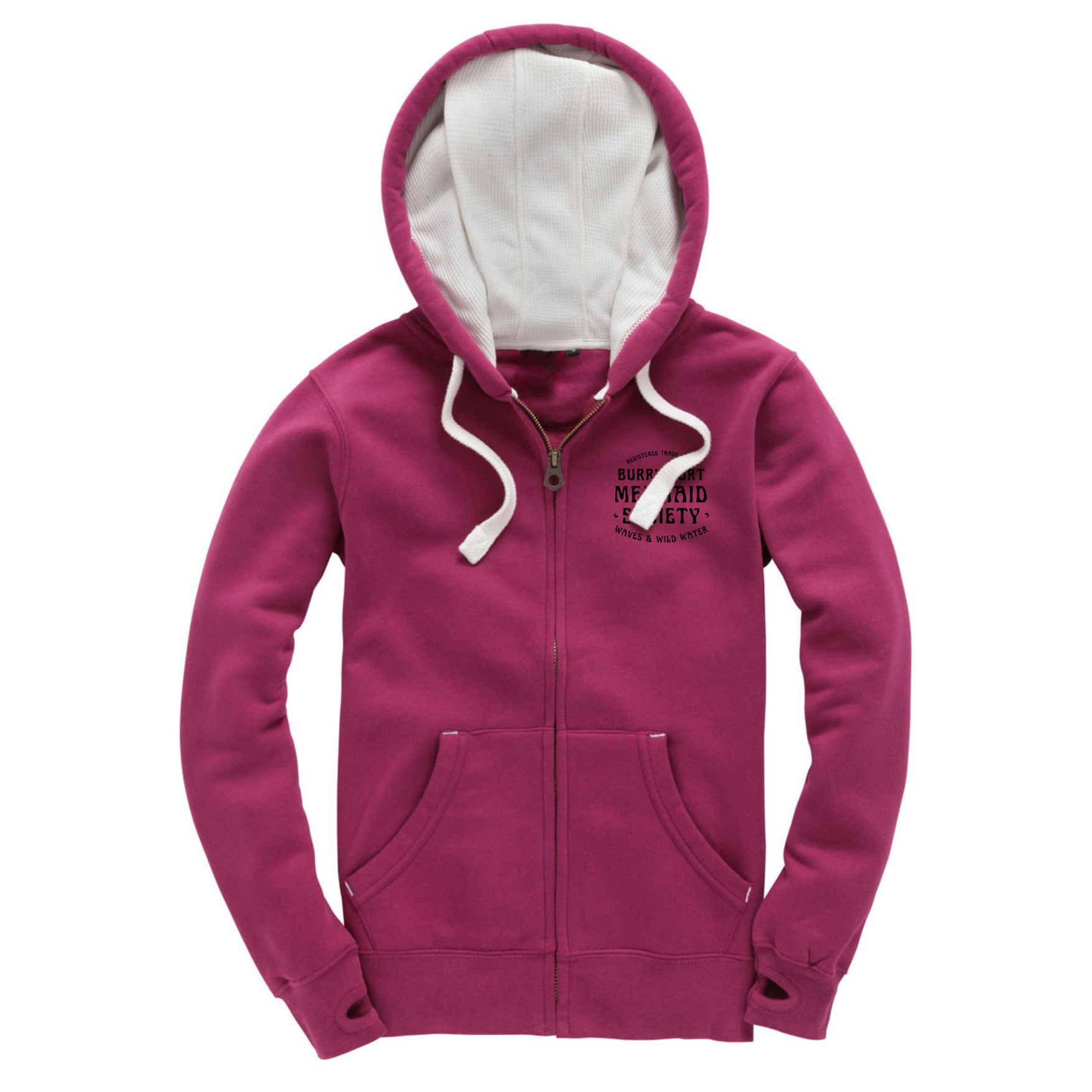 Deep pink zip-up hoodie with small Burry Port Mermaid Society chest print by Waves & Wild Water.
