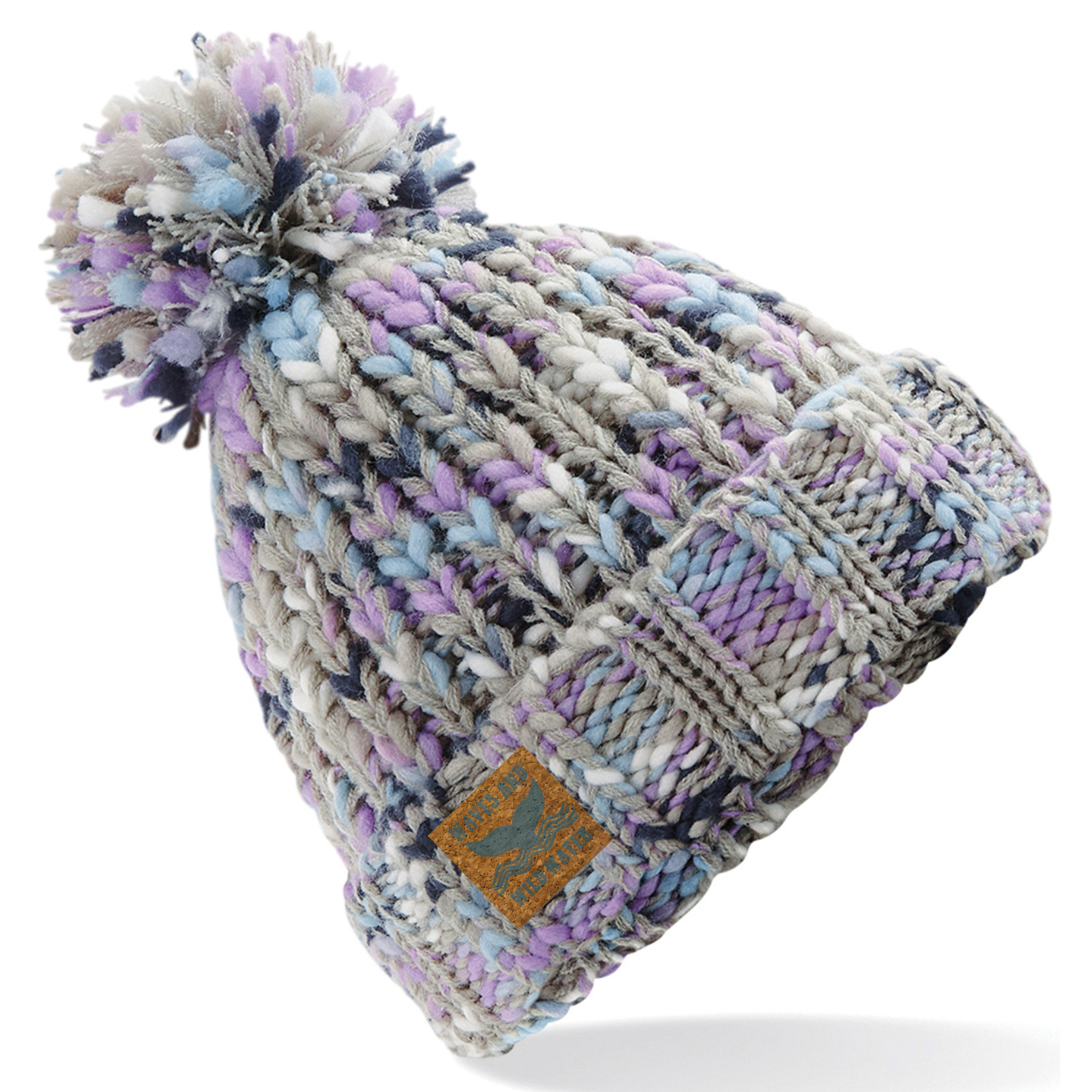 A grey and lilac chunky knitted beanie hat with a pom pom. 