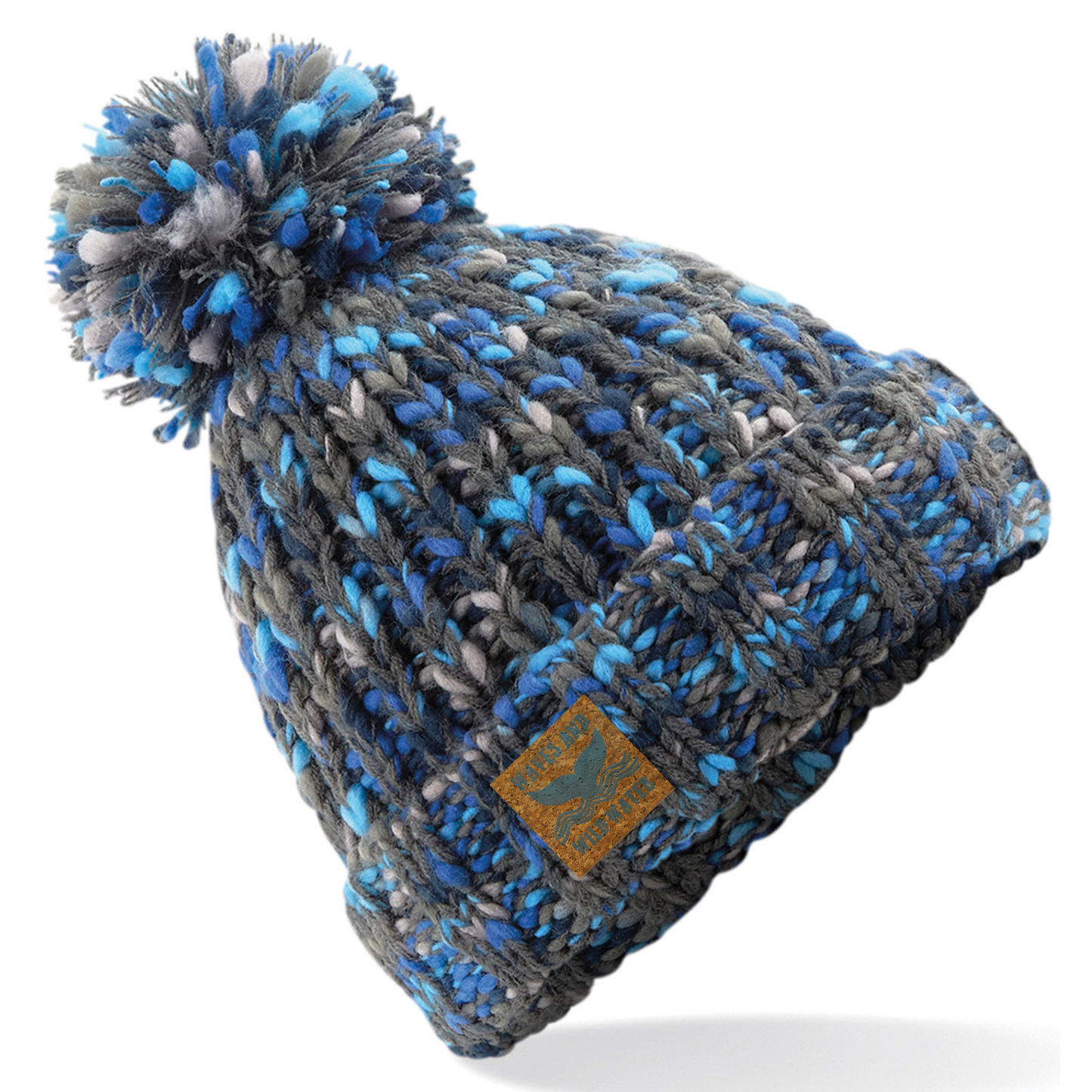 A grey and blue chunky knitted beanie hat with a pom pom.