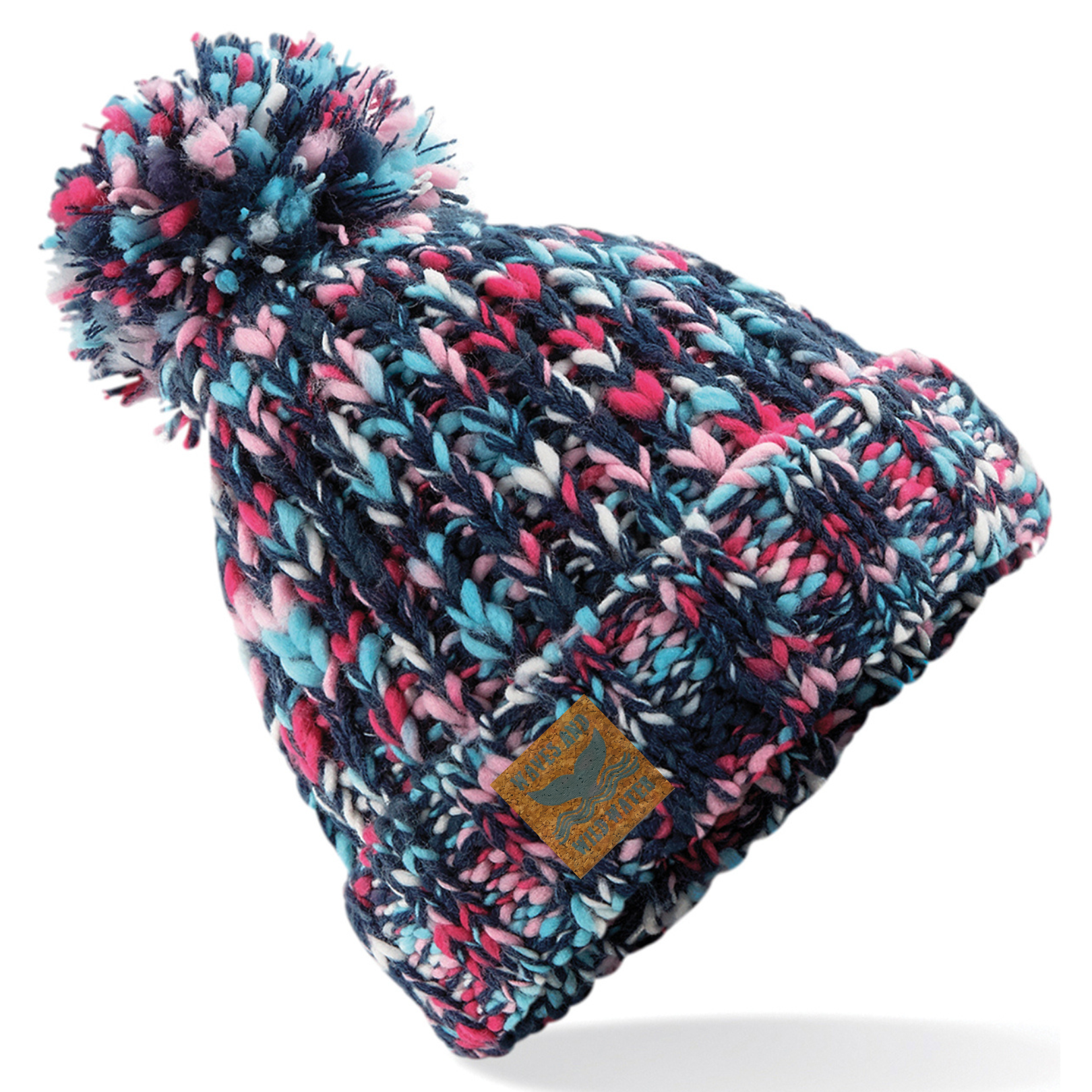 A blue and pink chunky knitted beanie hat with a pom pom.