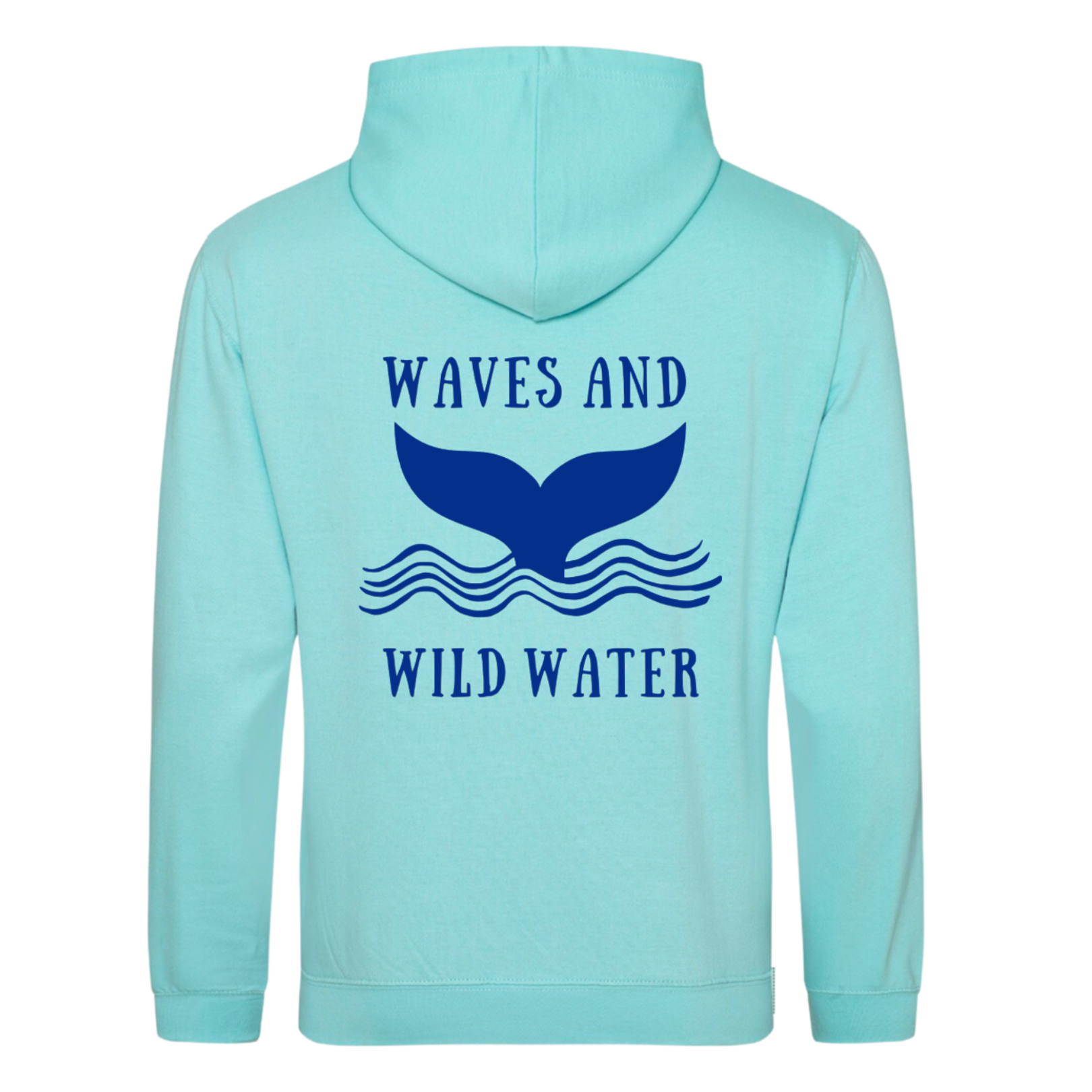 A lagoon blue hoodie with a blue Waves & Wild Water logo, depicting a whale tail coming out of the water.