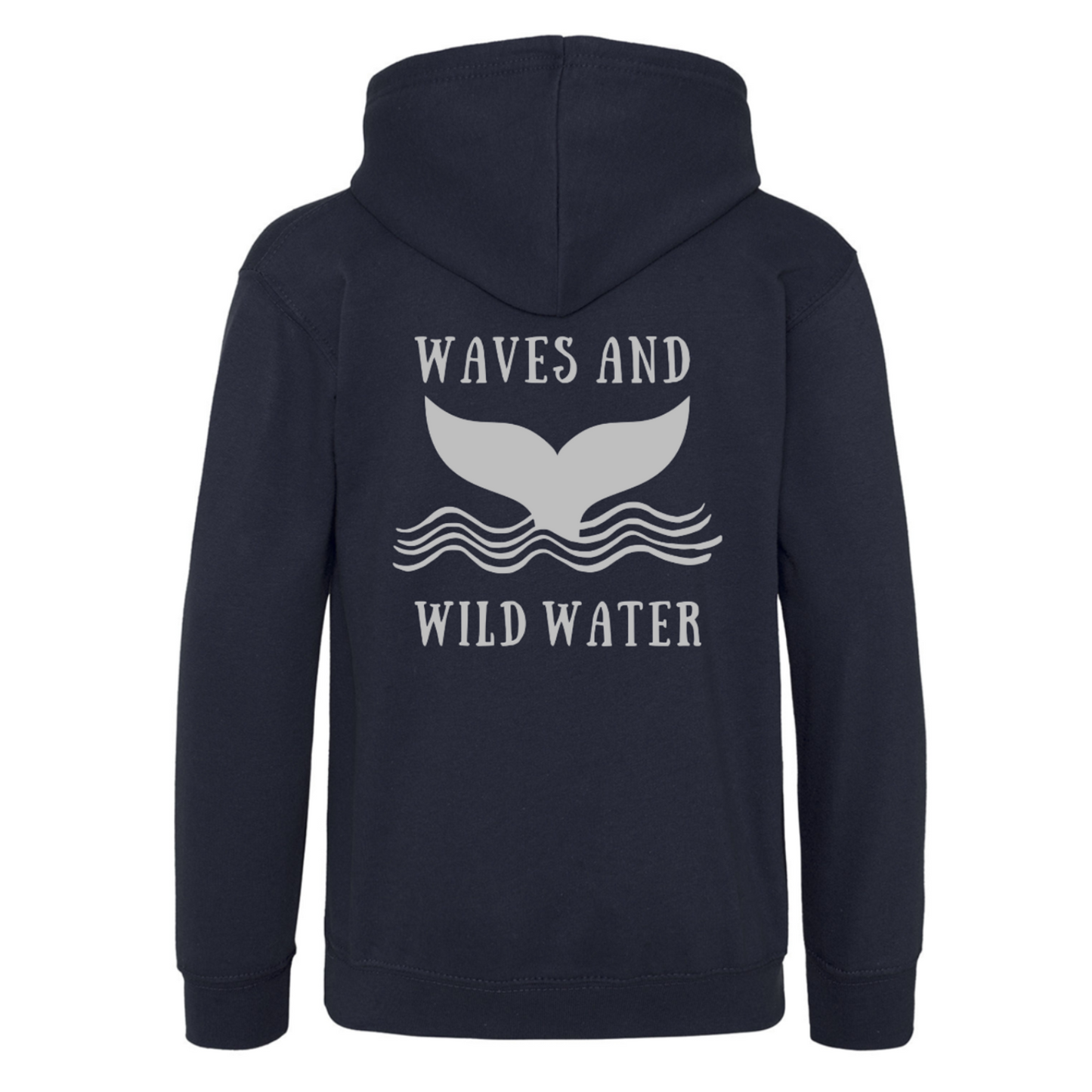 A navy blue hoodie with a metallic silver Waves & Wild Water logo, depicting a whale tail coming out of the water.