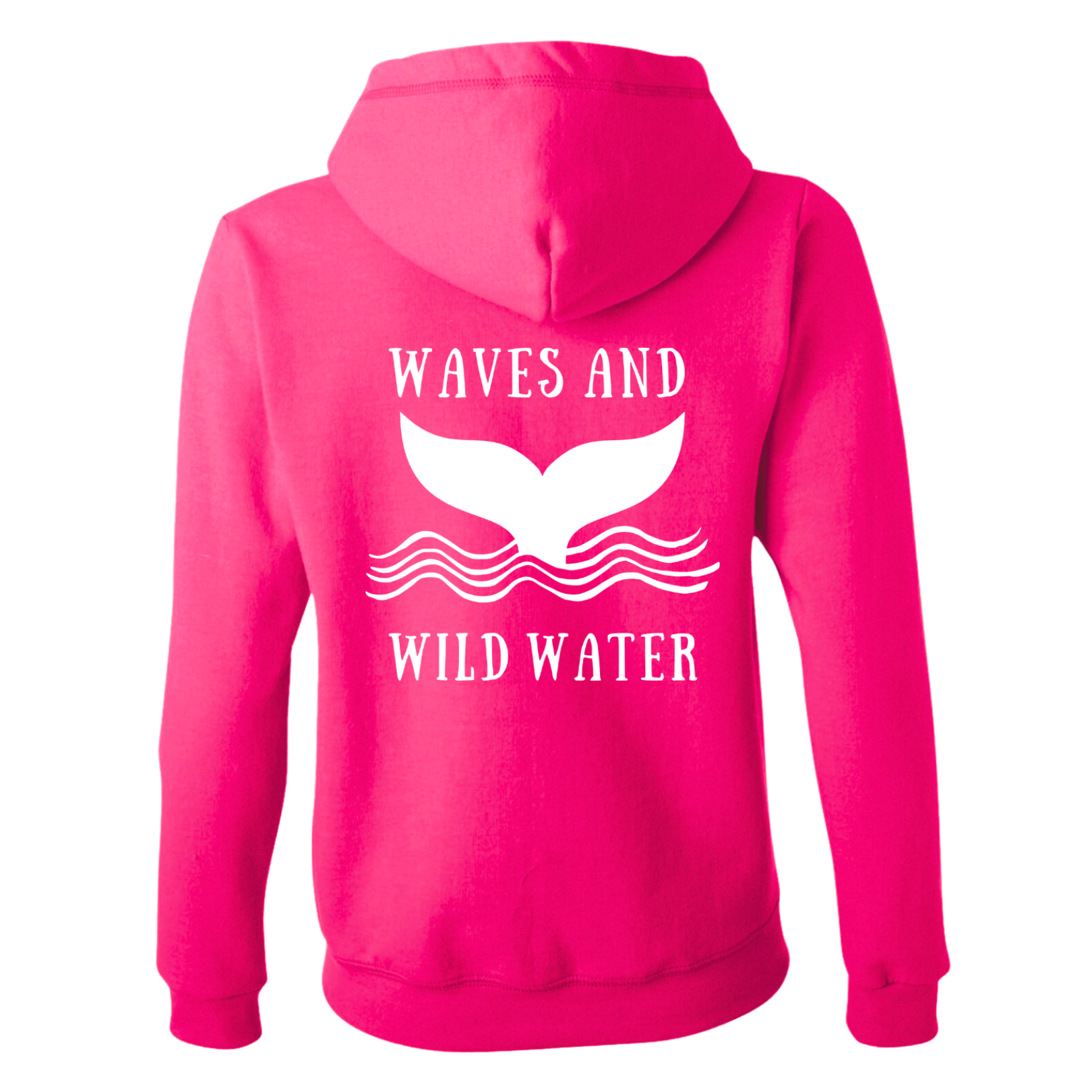 A bright pink hoodie with a white Waves & Wild Water logo, depicting a whale tail coming out of the water.