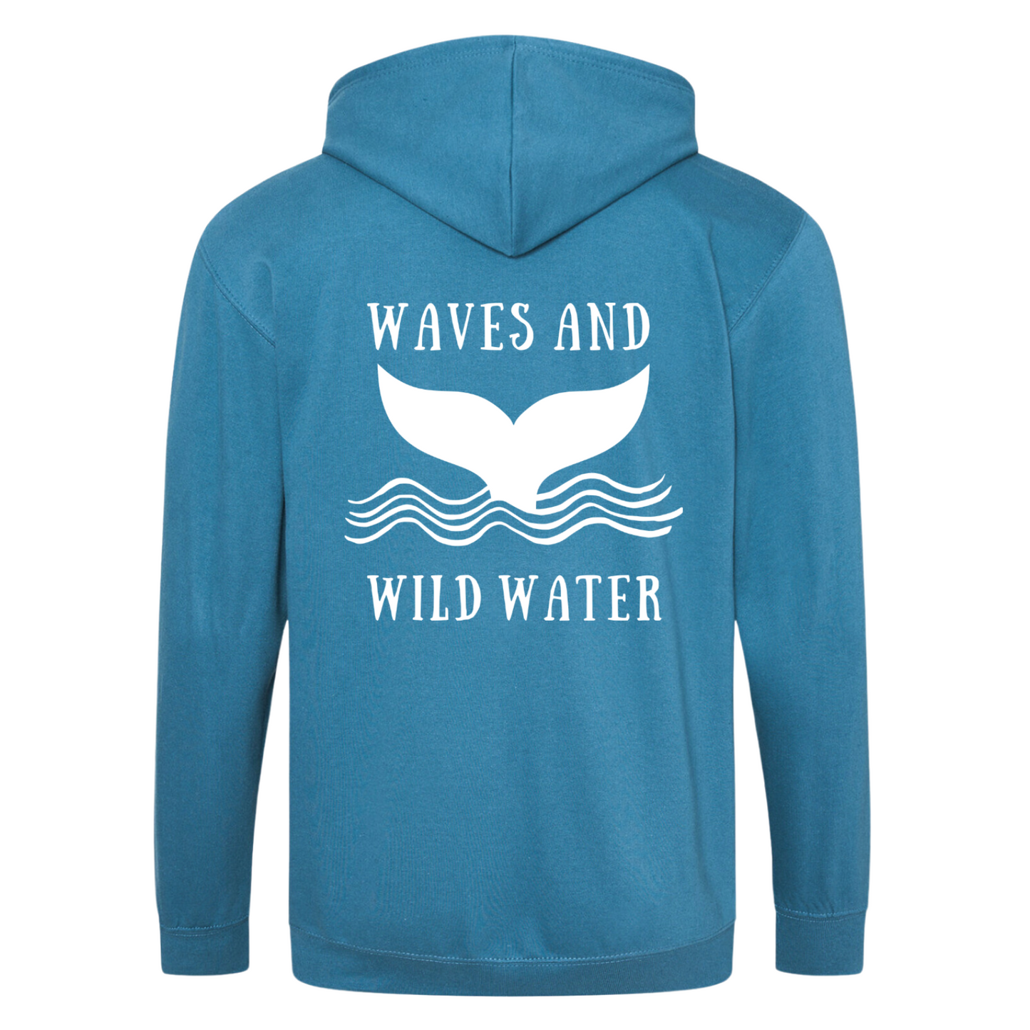 A tropical blue hoodie with a white Waves & Wild Water logo, depicting a whale tail coming out of the water.