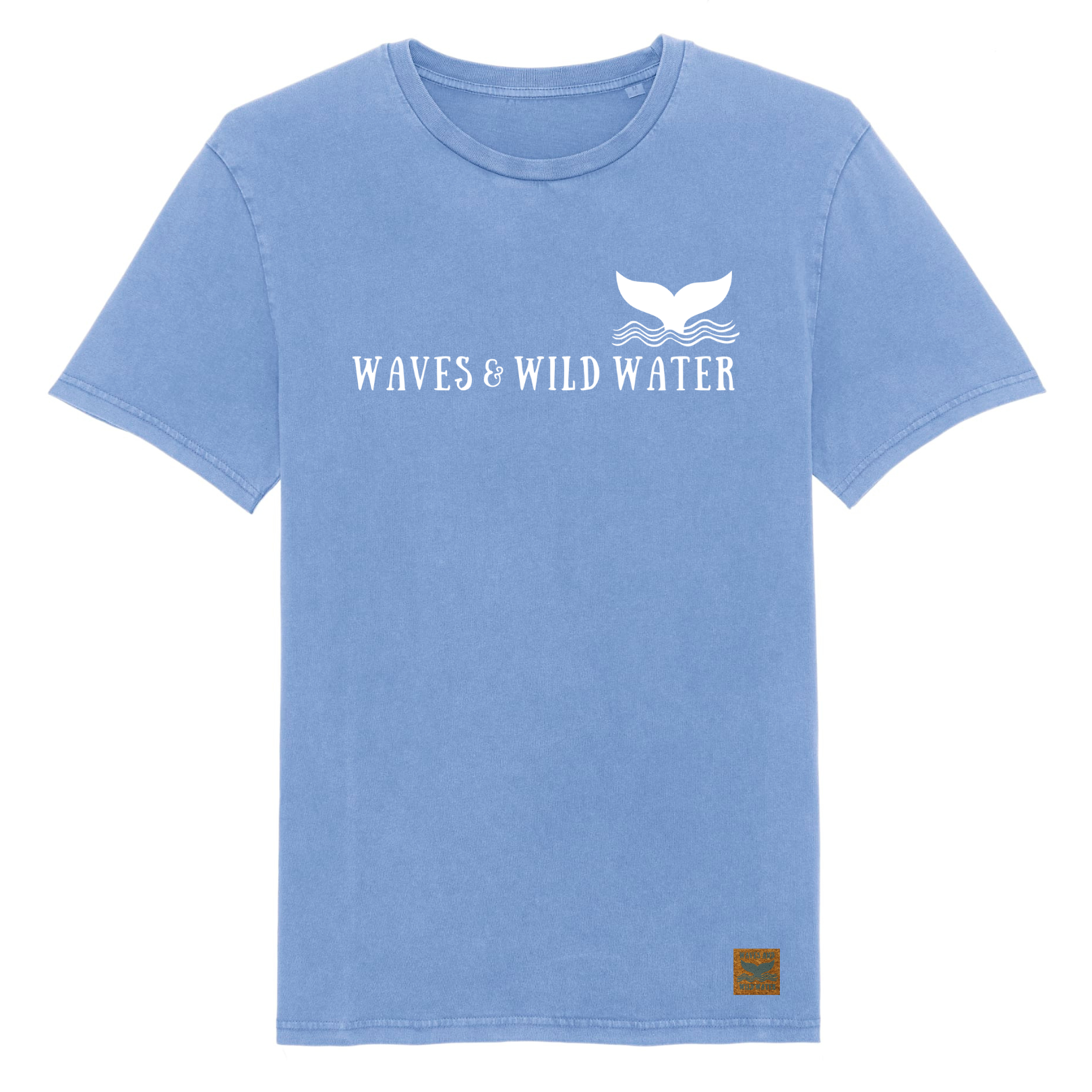 A blue t-shirt with Waves & Wild Water logo printed across the front in white ink.